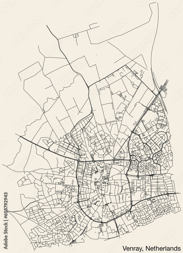 Detailed hand-drawn navigational urban street roads map of the Dutch city of VENRAY, NETHERLANDS with solid road lines and name tag on vintage background