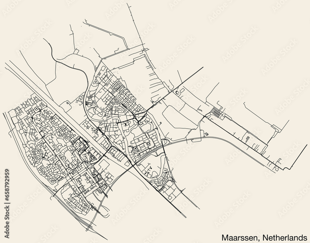 Detailed hand-drawn navigational urban street roads map of the Dutch city of MAARSSEN, NETHERLANDS with solid road lines and name tag on vintage background