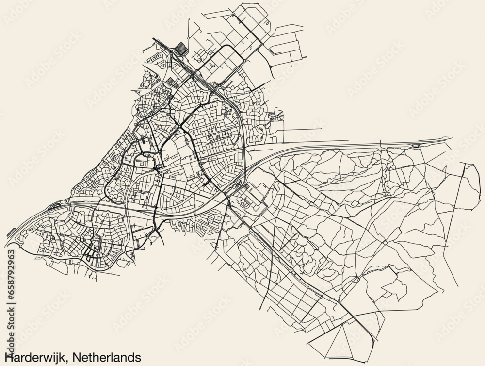 Detailed hand-drawn navigational urban street roads map of the Dutch city of HARDERWIJK, NETHERLANDS with solid road lines and name tag on vintage background