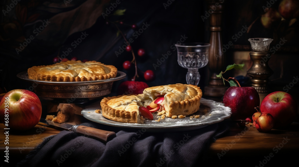 Still life with apple pie and fresh apples on rustic wooden background Still life with apple pie and fresh apples on rustic wooden background