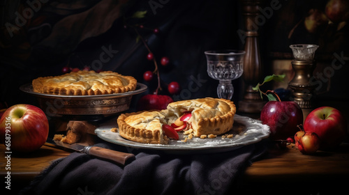 Still life with apple pie and fresh apples on rustic wooden background