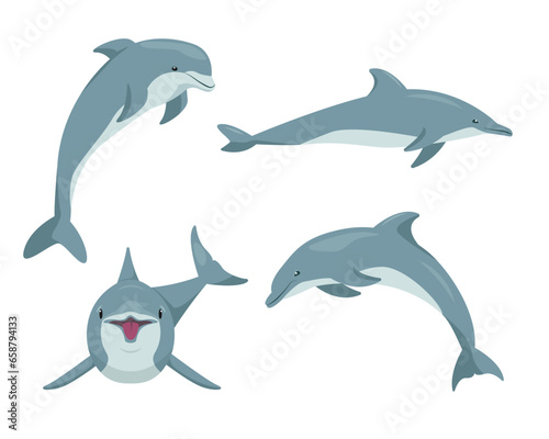 Dolphin animals set. Cute dolphins  sea fauna characters in different poses. Ocean aquatic animal dolphin jumping  swimming  smiling. Vector flat or cartoon illustration isolated on white background.