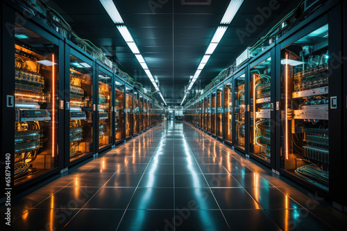 A computer server room with rows of machines, highlighting the infrastructure behind digital knowledge storage. Concept of data centers. Generative Ai.