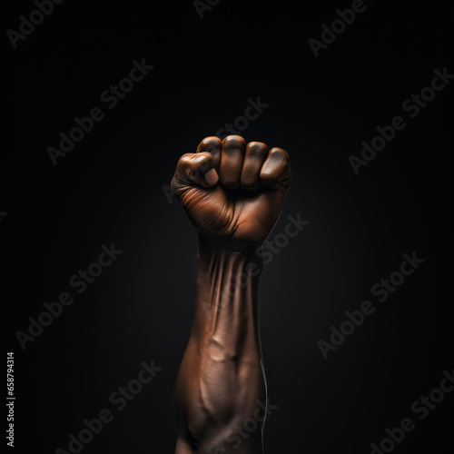 Close up of black male fist isolated on black background. Concept of strength and power.