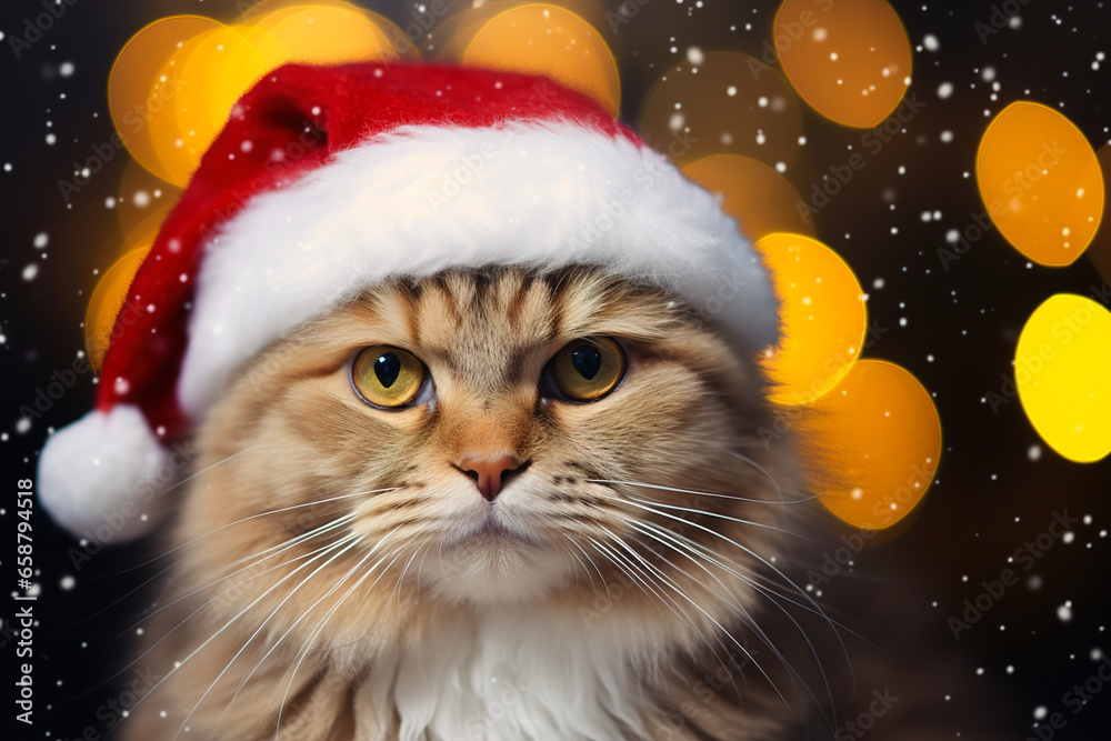 Portrait of a red cat in a Santa Claus hat on a blurred background with snowflakes and lights.