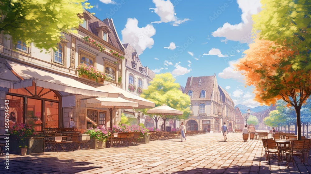 A charming European village square in spring, lined with pastel-colored buildings, outdoor cafes, and locals enjoying the sunshine