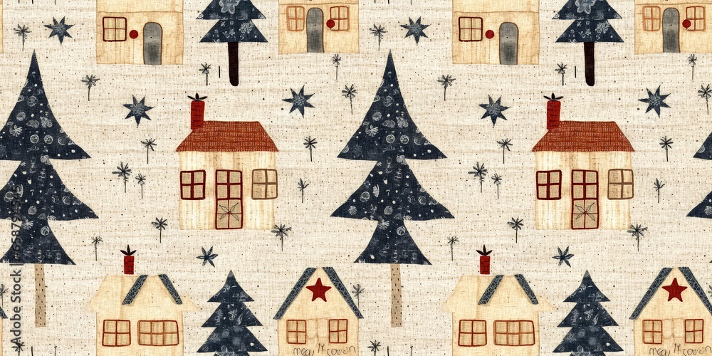 Rustic country christmas cottage with primitive hand sewing fabric effect. border. Cozy nostalgic shabby chic homespun ribbon trim with americana winter handmade crafts style edging.