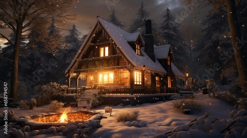A cozy cabin in the woods during winter, surrounded by a blanket of snow, with a warm fire crackling inside and the soft glow of lanterns in the windows
