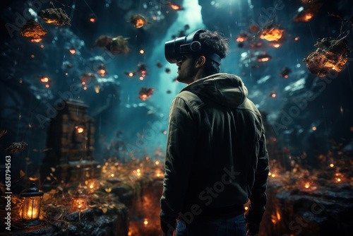 A person immersed in a virtual reality headset, exploring the philosophical implications of artificial worlds. Concept of virtual reality philosophy. Generative Ai. © Sebastian