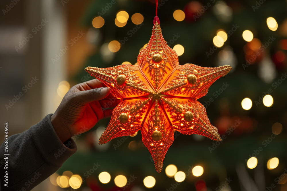 A man holds a decorative star to decorate a Christmas tree on a blurred Christmas background.