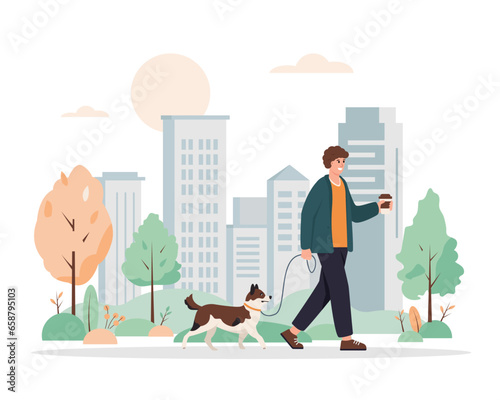 Young man walking with dog in city park. Guy with cute dog on leash and cup of coffee. Pet and owner spending time together, healthy lifestyle concept. Vector flat illustration.