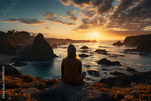 A person gazing at a breathtaking sunset over the ocean, pondering the vastness of the universe. Concept of natural wonders. Generative Ai. © Sebastian