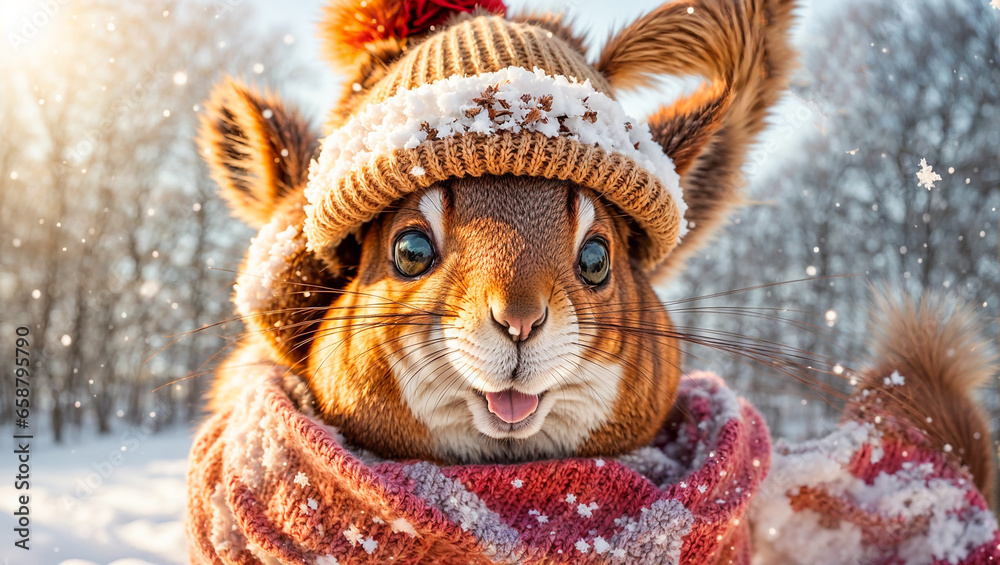 Cute cartoon squirrel in a winter clearing