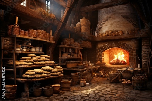 Warm medieval bakery adorned with bread, baskets, and buns. Generative AI