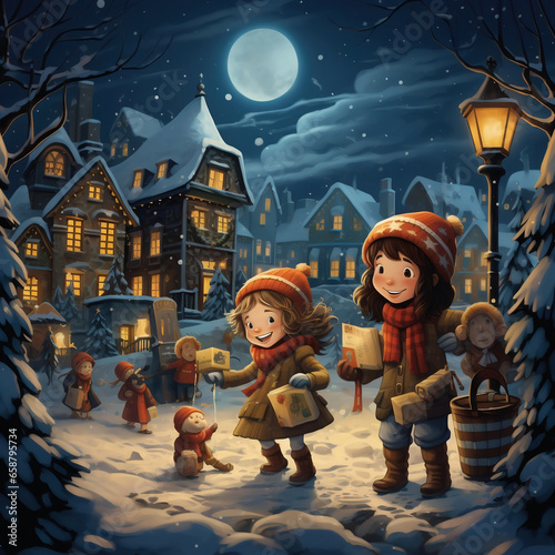 Winter city at night with snow and full moon. Vector illustration.