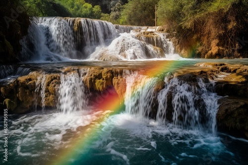 A cascade with vibrant rainbows in the water. Generative AI