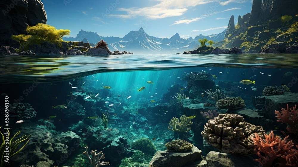 Underwater Scene - Tropical Seabed With Reef And Sunshine.