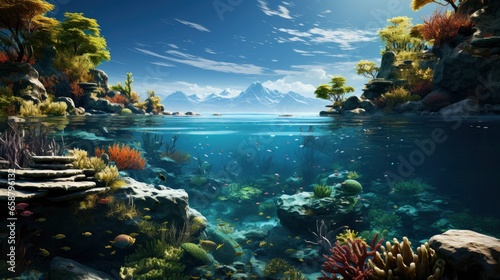 Underwater Scene - Tropical Seabed With Reef And Sunshine.