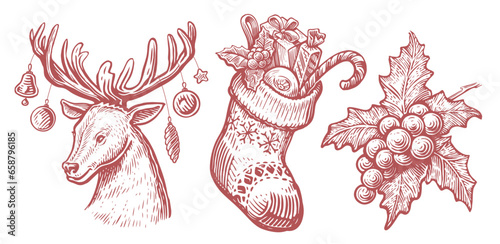 Deer with Christmas decorations, sock with gifts, holly berries. Vintage sketch vector illustration engraving style