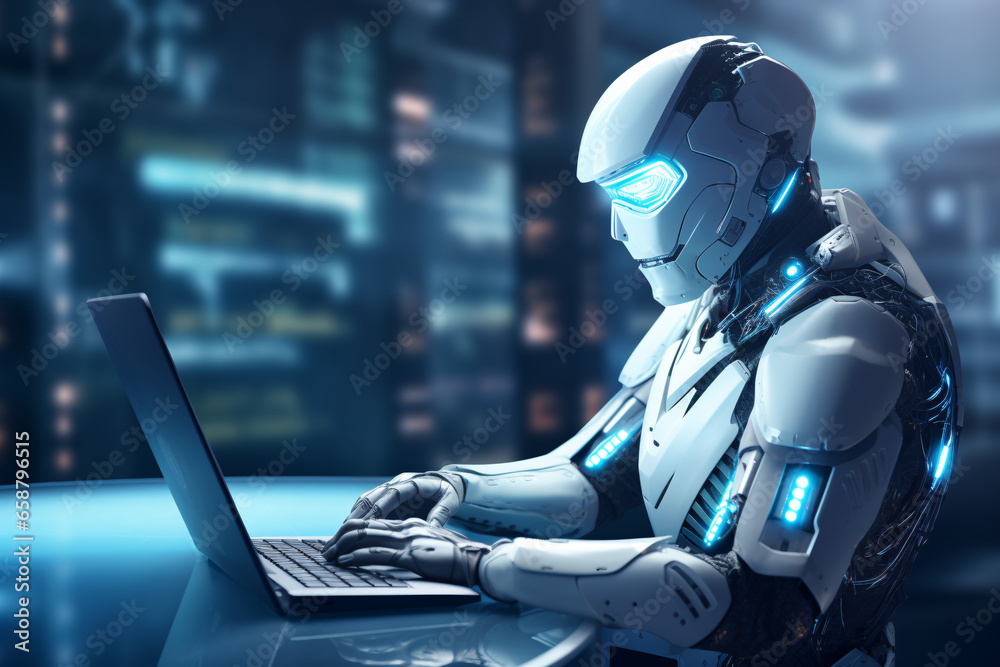Robot working on laptop Robot working on laptop