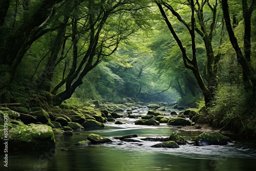 Beautiful river flowing through lush woodland. Generative AI