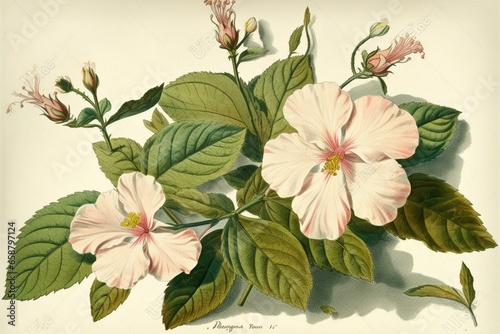 Ancient illustration of ketmia syrorum (hibiscus syriacus). Generative AI photo