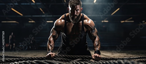 Male CrossFit enthusiasts engage in battle rope exercises within a fitness gym With copyspace for text