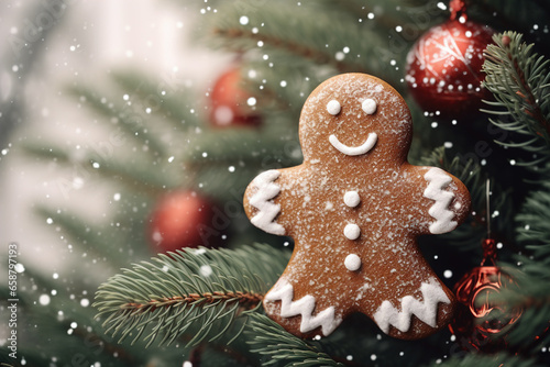 Cheerful gingerbread man on the branches of a Christmas tree.