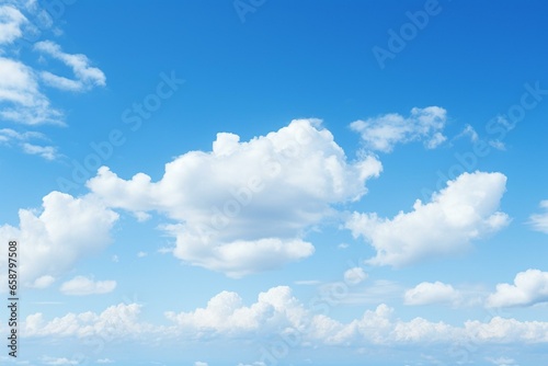 Clear blue sky with fluffy clouds and empty space. Generative AI