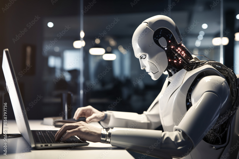 Robot working on laptop Robot working on laptop