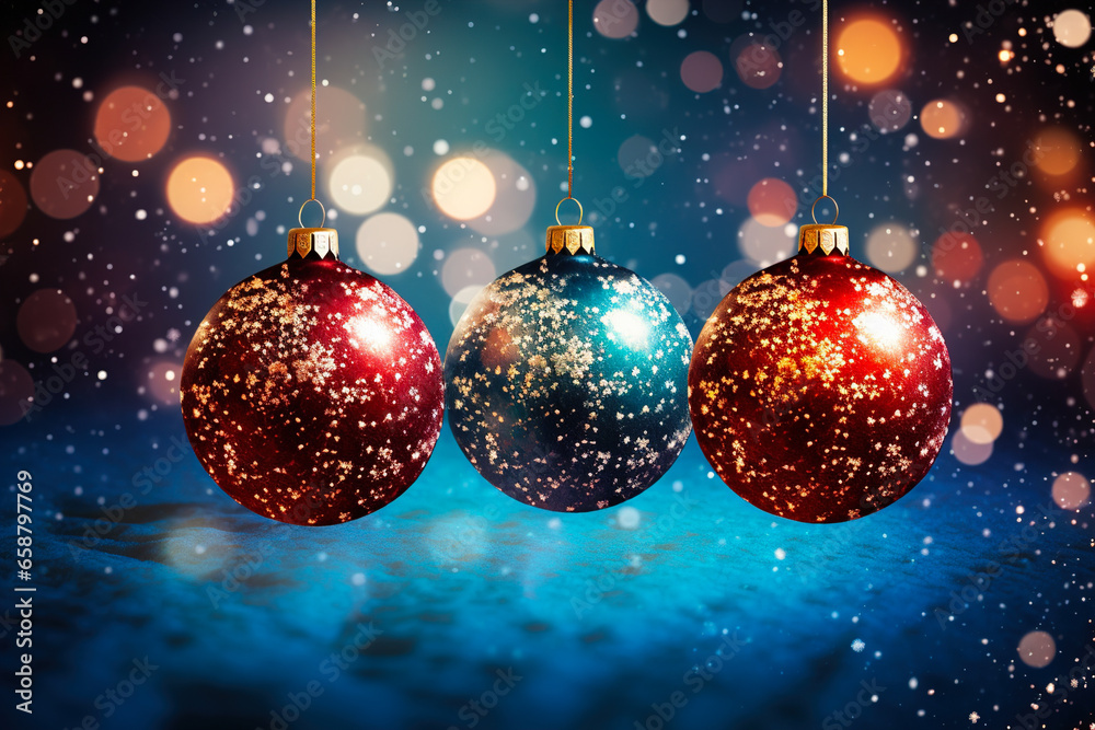 A shiny Christmas balls against of background with multi-colored bokeh lights.