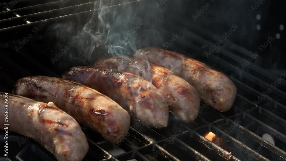 Grill sausage on a Charcoal barbecue grill with a fire. Slow motion shot