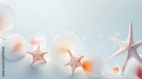 Creative minimal style concept of underwater life. Light pastel colors. Unusual inhabitants of the sea or ocean, macro closeup wallpaper with starfish, copy space.