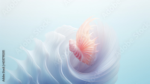 Creative minimal style concept of underwater life. Light pastel colors. Unusual inhabitants of the sea or ocean, macro closeup wallpaper with seashell, copy space.