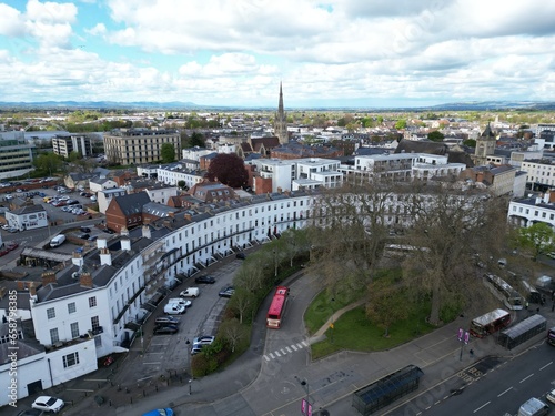 The royal crescent Cheltenham town Gloucestershire UK drone aerial view