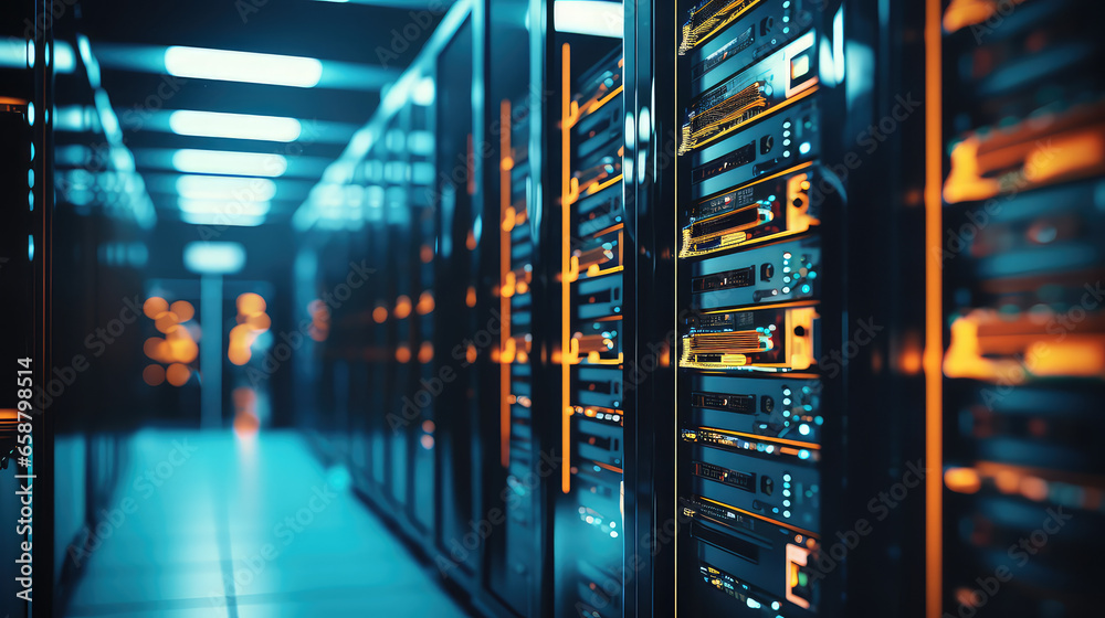 Empty modern server room with large servers, wires and buttons. Data storage, cloud storage, mining farm.