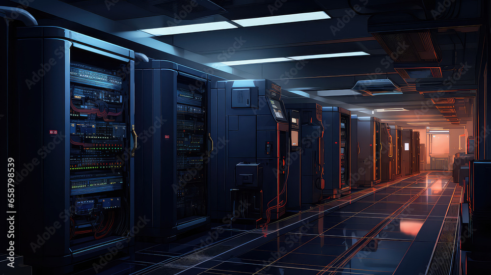 Empty modern server room with large servers, wires and buttons. Data storage, cloud storage, mining farm. Empty modern server room with large servers, wires and buttons. Data storage, cloud storage, mining farm.