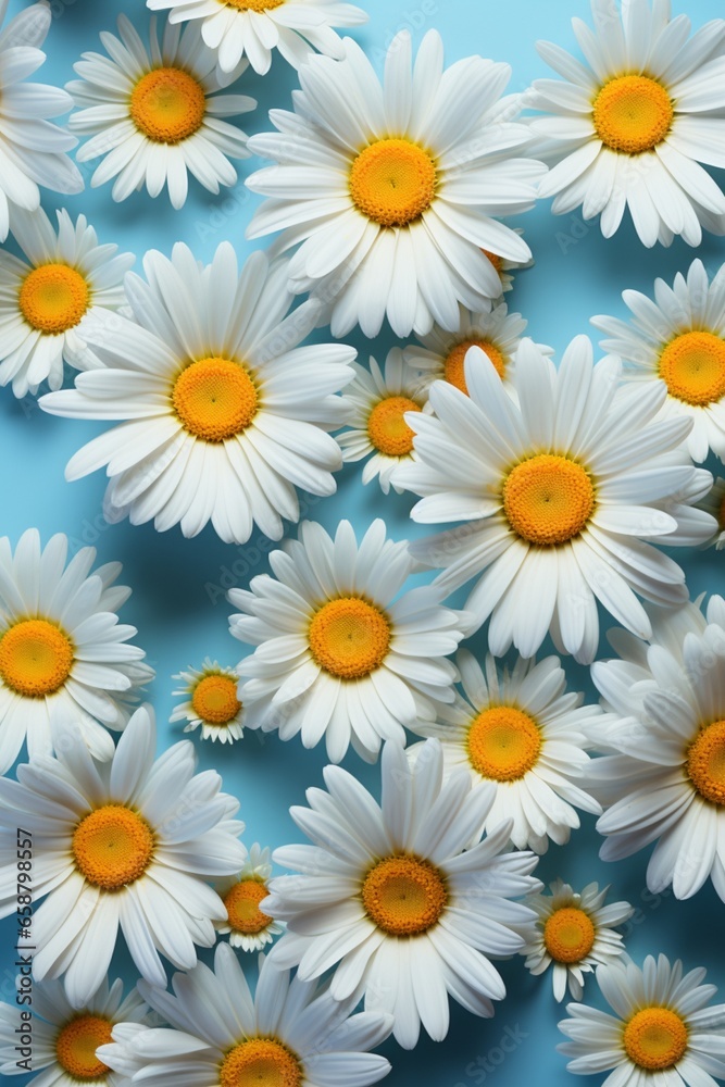 daisies on pastel blue background. Minimal spring summer concept for wallpaper or background. Nature is beauty. Generative AI