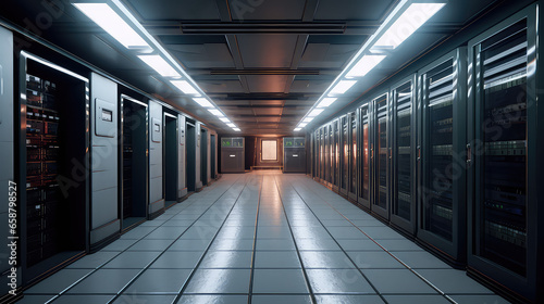 Empty modern server room with large servers, wires and buttons. Data storage, cloud storage, mining farm.