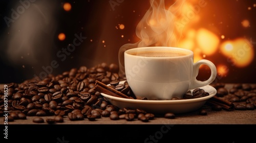 Coffee beans and white steaming cup of coffee on blurred flame light backdrop for coffeshop or cafe display showcase background photo