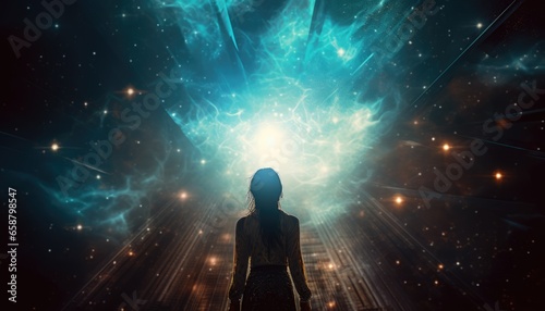 Girl from behind having blue starry astral experience photo