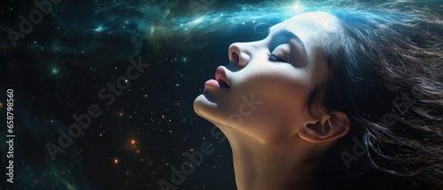 Young brunette woman profile portrait having a heavenly astral ethereal spiritual experience or meditating for inner peace through space and cosmic connection 