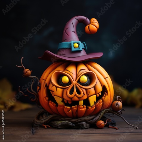 Bright colorful plasticine halloween pumpkin in witch hat photo