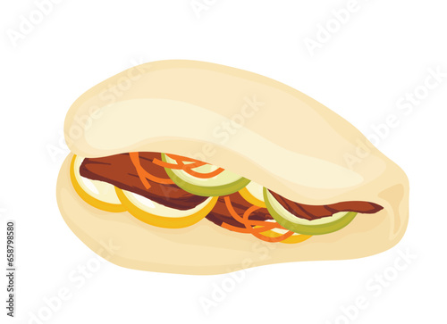 Gua bao. Vector  illustration. isolated on a white background. Chinese food. Homemade organic Pulled Beef Bao Buns. 