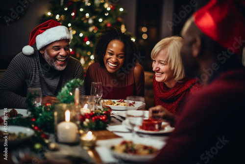 Family gathering at festive table and celebrating Christmas together at home. AI Generative