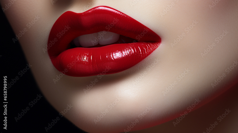 Obraz premium Lipstick on lips of model, close up of face, concept of marketing and promotion of beauty and cosmetic products