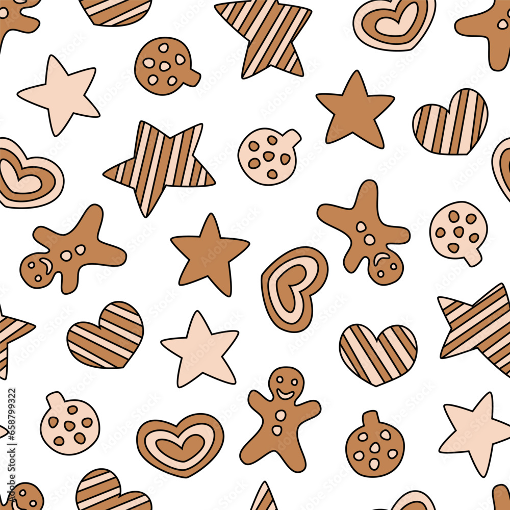 Vector seamless pattern with gingerbread cookies. Cute design for Christmas wrappings, textile, wallpaper and backgrounds. Vector seamless pattern with gingerbread cookies. Cute design for Christmas wrappings, textile, wallpaper and backgrounds.