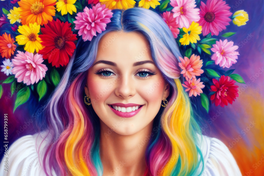 portrait of a beautiful girl posing on an abstract background decorated with flowers portrait of a beautiful girl posing on an abstract background decorated with flowers