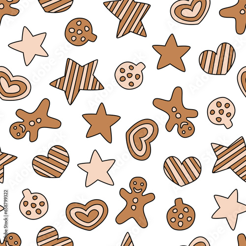 Vector seamless pattern with gingerbread cookies. Cute design for Christmas wrappings, textile, wallpaper and backgrounds.