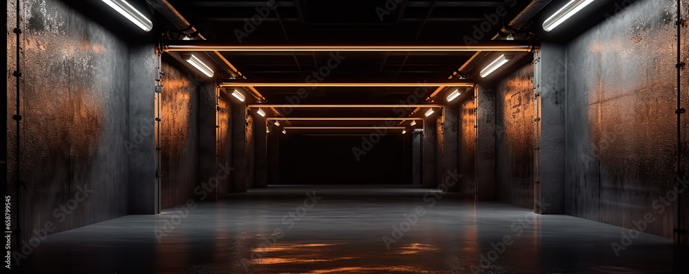 Futuristic studio stage dark room. Underground warehouse garage. Neon led laser glowing orange on concrete tiled floor	
 - obrazy, fototapety, plakaty 